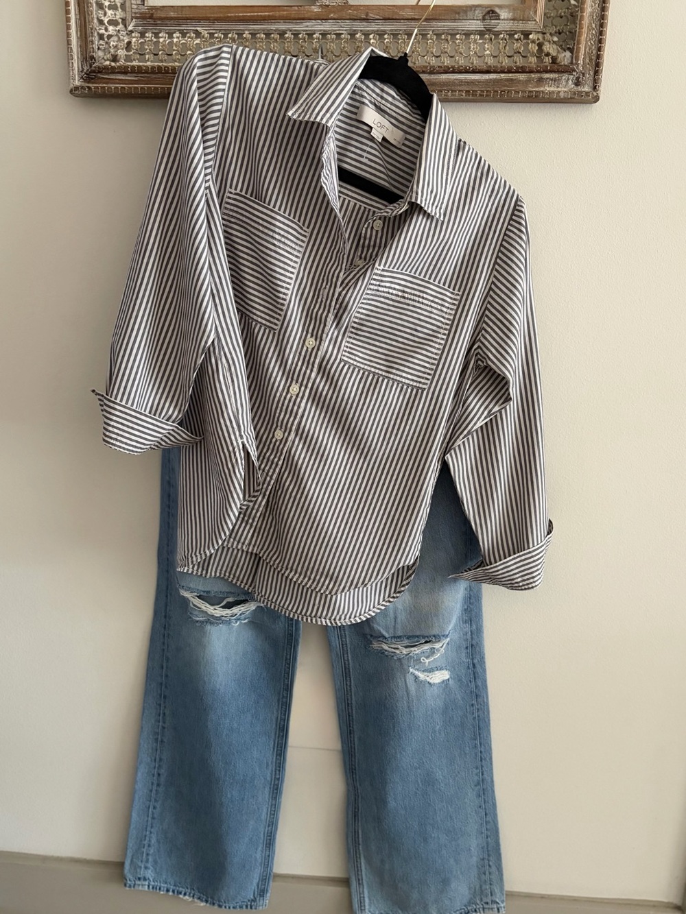 LOFT Black and White Vertical Stripe Button-Down Shirt